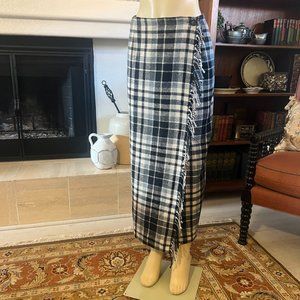 REAL COMFORT:black, bone, grey plaid wool blend wrap skirt